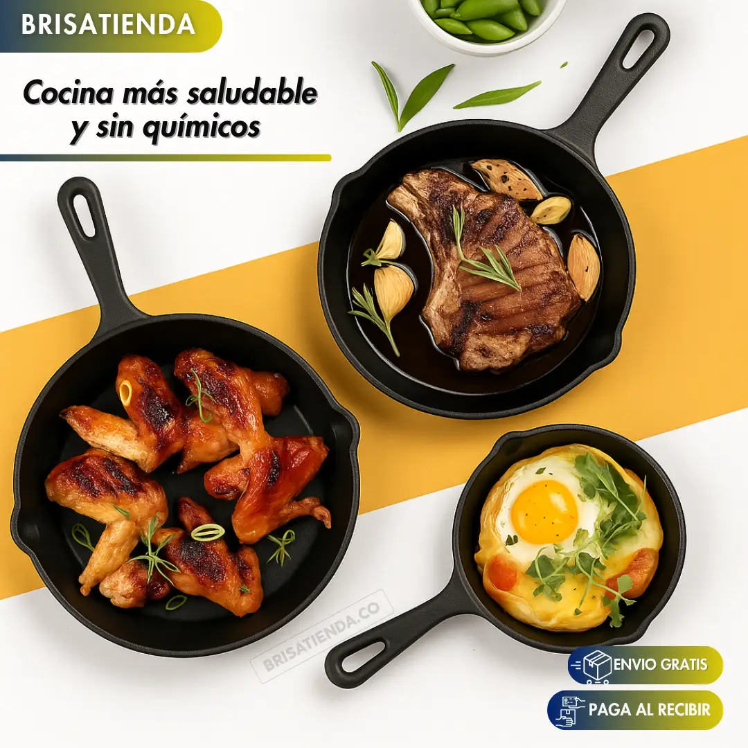 Set X 3 Sartenes De Hierro Fundido ChefCast + 3 FUNDAS  GRATIS+ Guía de Curado y Recetario TKT - Image 2