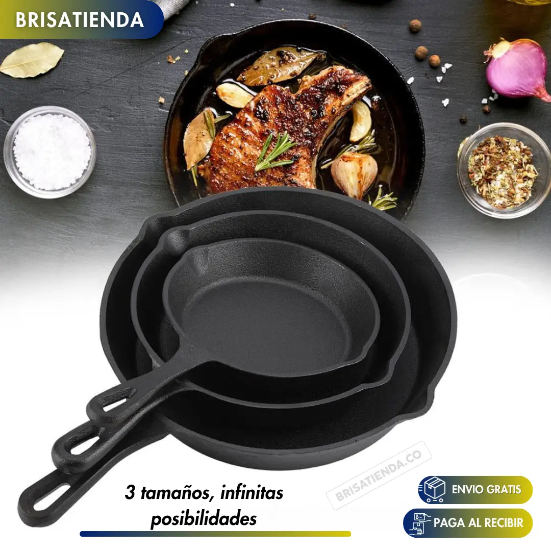 Set X 3 Sartenes De Hierro Fundido ChefCast + 3 FUNDAS  GRATIS+ Guía de Curado y Recetario TKT - Image 4
